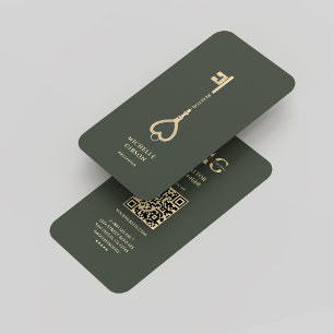 Realtor Dark Green Gold Key Monogram Modern Business Card