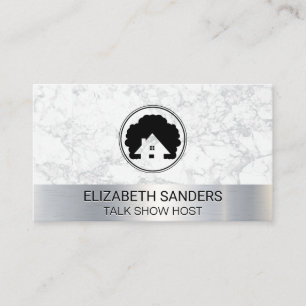 Realtor House Tree Icon   White Marble   Metallic Business Card