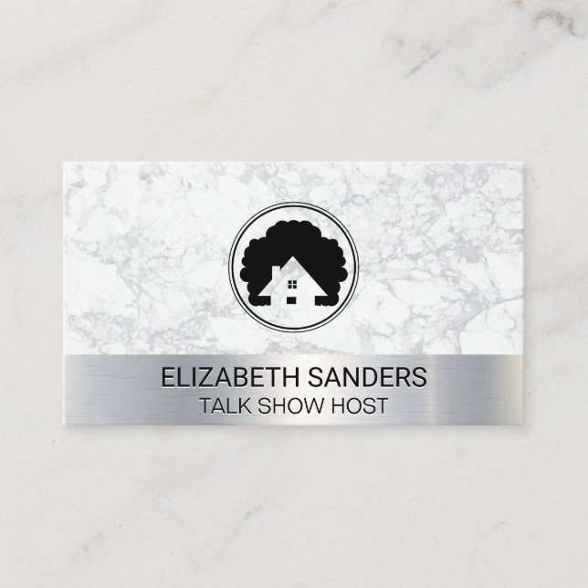 Realtor House Tree Icon | White Marble | Metallic Business Card (Front)
