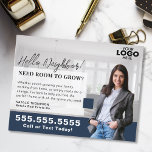 Realtor Marketing Logo Real Estate Farming Mailer Postcard<br><div class="desc">Enhance your real estate marketing efforts with this elegant navy blue farming mailer postcard, designed to grab attention and build credibility in your neighbourhood. The sophisticated navy blue backdrop paired with customisable features, like uploading your logo and photo, ensures your message is both personal and professional. This eye-catching postcard is...</div>