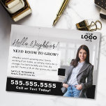 Realtor Marketing Logo Real Estate Farming Mailer Postcard<br><div class="desc">Stand out in your local market with this sleek black real estate farming postcard, perfect for showcasing your expertise and connecting with potential home sellers. The timeless black design exudes professionalism and sophistication, while customisable features like uploading your logo and photo add a personal, polished touch. Designed to grab attention...</div>