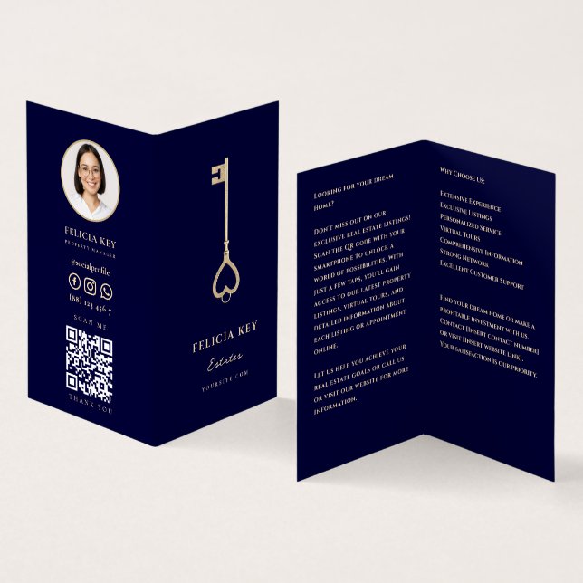Realtor Midnight Blue Gold Real Estate Agent Photo Business Card (Inside and Outside)