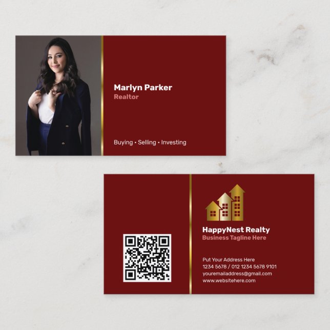 Realtor Personal Photo, QR Code, Logo Maroon Business Card (Front/Back)