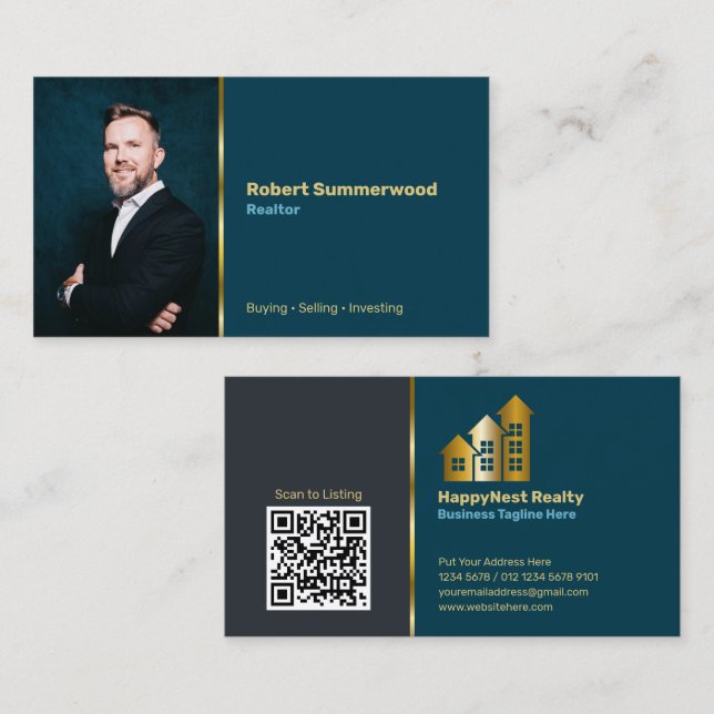 Realtor Personal Photo, QR Code, Logo Navy Blue Business Card (Front/Back)