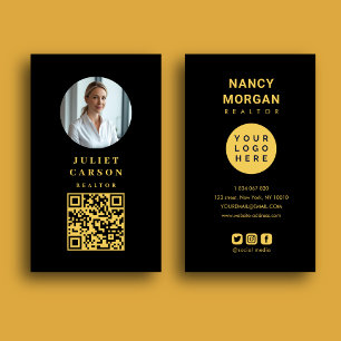 Realtor Qr Code Logo Photo Black And Gold Business Card