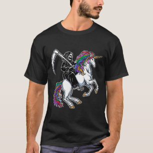 Reaper Riding Unicorn Rainbow Skeleton Halloween  T-Shirt