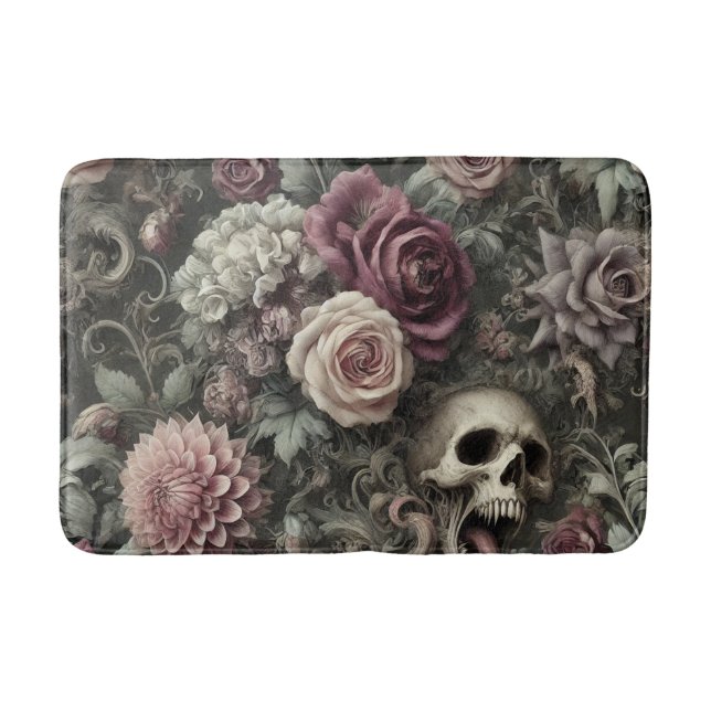 Reaping in the Roses – Gothic Floral Skull  Bath Mat (Front)