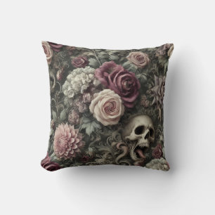 Reaping in the Roses – Gothic Floral Skull Pillow