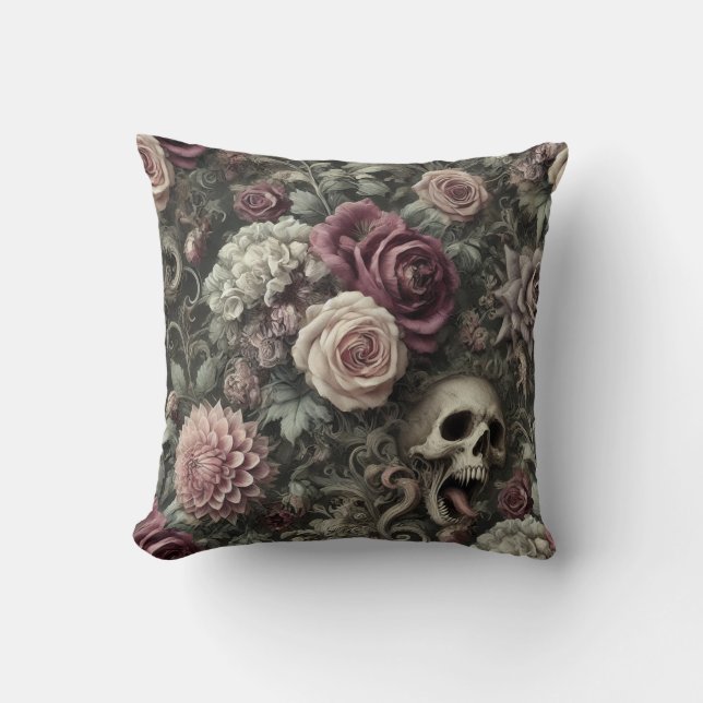 Reaping in the Roses – Gothic Floral Skull Pillow (Front)