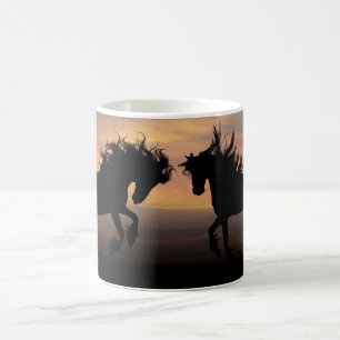 Rearing Black Horses At Sunset Coffee Mug