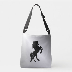 Rearing Black Stallion / Horse on Silver Crossbody Bag