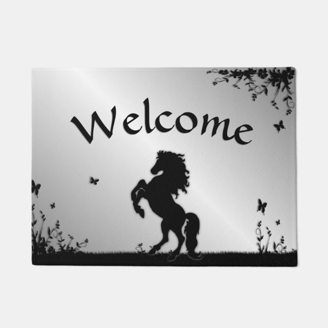 Rearing Black Stallion / Horse on Silver Doormat (Front)