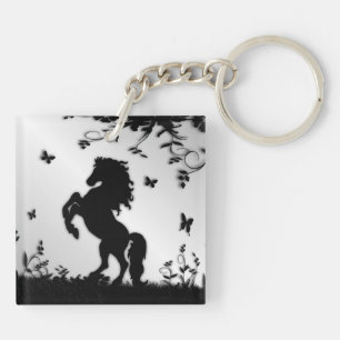 Rearing Black Stallion / Horse on Silver Key Ring