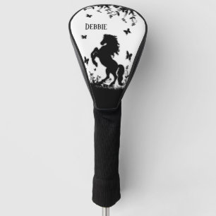 Rearing Black Stallion / Horse on White w Name Golf Head Cover