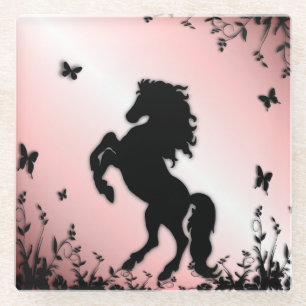 Rearing Black Stallion Pink Glass Coaster