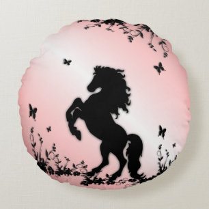 Rearing Black Stallion Pink Round Cushion