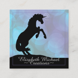 Rearing Black Unicorn (blue green circles) Square Business Card