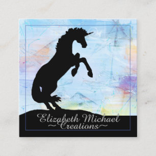 Rearing Black Unicorn (blue painted) Square Business Card