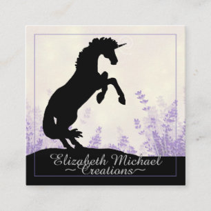 Rearing Black Unicorn (lavender flowers) Square Business Card