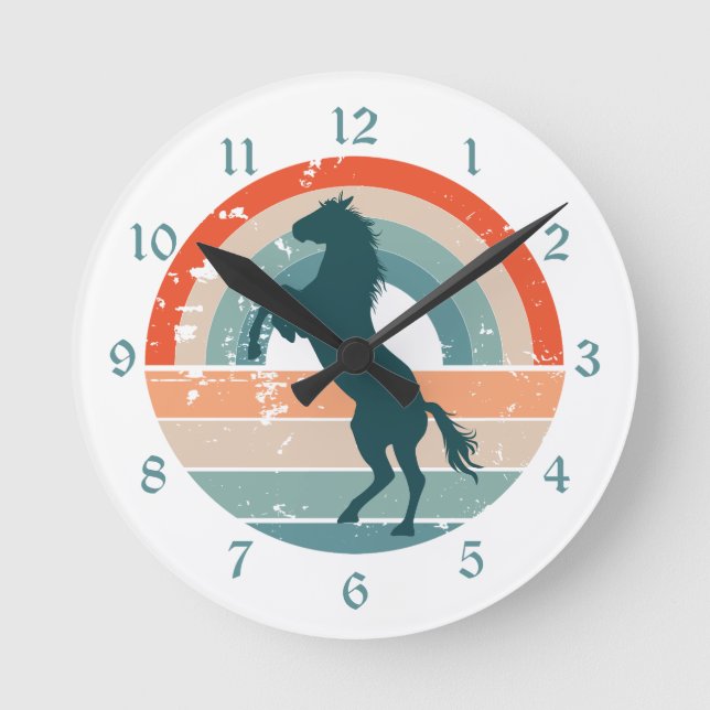 Rearing Blue Horse Retro Rainbow Round Clock (Front)