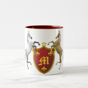 Rearing horses with a heraldic shield, monogrammed Two-Tone coffee mug
