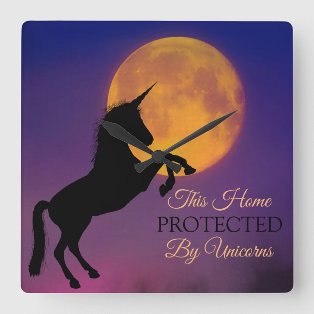 Rearing Unicorn Silhouette, Full Harvest Moon Square Wall Clock (Front)
