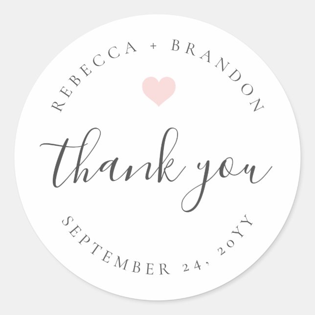 Rebecca Pink Heart Calligraphy Thank You Wedding Classic Round Sticker (Front)