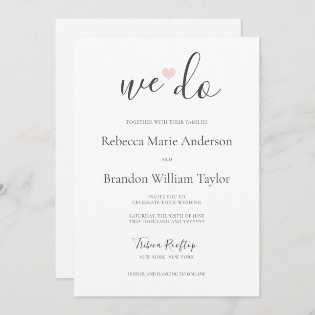 Rebecca Simple Modern We Do & Pink Heart Wedding Invitation (Front/Back)