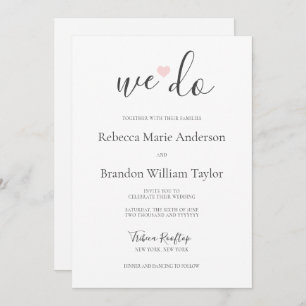 Rebecca Simple Modern We Do & Pink Heart Wedding Invitation