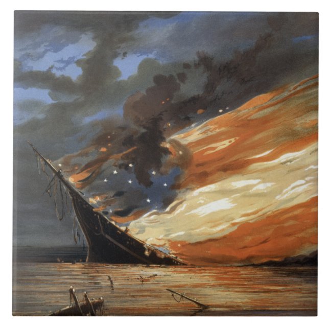 Rebel Civil War flagship on Fire of American flag  Ceramic Tile (Front)
