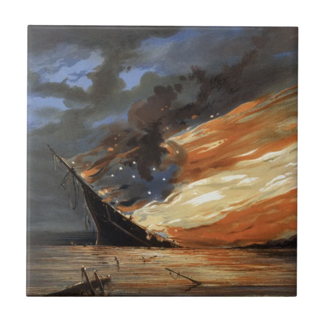 Rebel Civil War flagship on Fire of American flag  Ceramic Tile (Front)