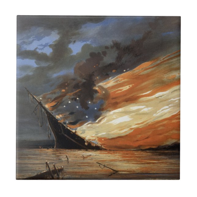 Rebel Civil War flagship on Fire of American flag  Ceramic Tile (Front)