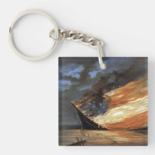 Rebel Civil War flagship on Fire of American flag Key Ring
