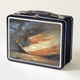 Rebel Civil War flagship on Fire of American flag Metal Lunch Box