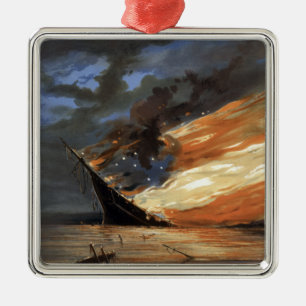 Rebel Civil War flagship on Fire of American flag  Metal Ornament