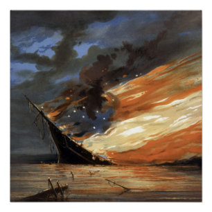 Rebel Civil War flagship on Fire of American flag Poster