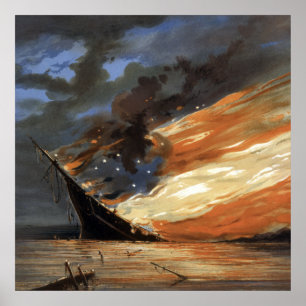 Rebel Civil War flagship on Fire of American flag Poster