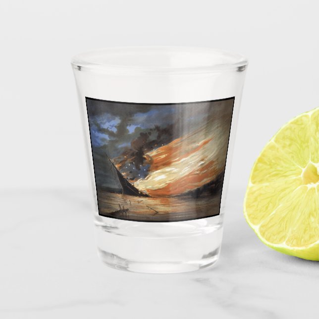 Rebel Civil War flagship on Fire of American flag  Shot Glass (Front)