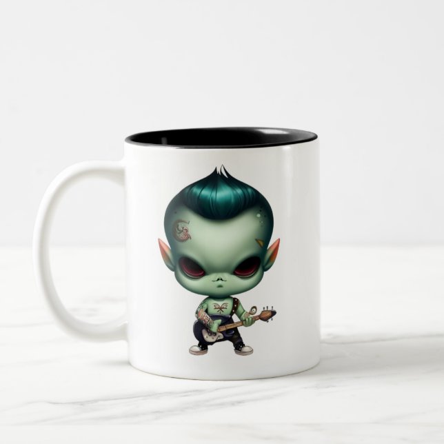 Rebel Green Alien Rockstar Two-Tone Coffee Mug (Left)