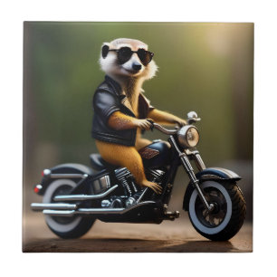 Rebel Meerkat: Leathers, Sunglasses and Motorbike Ceramic Tile
