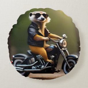 Rebel Meerkat: Leathers, Sunglasses and Motorbike Round Cushion