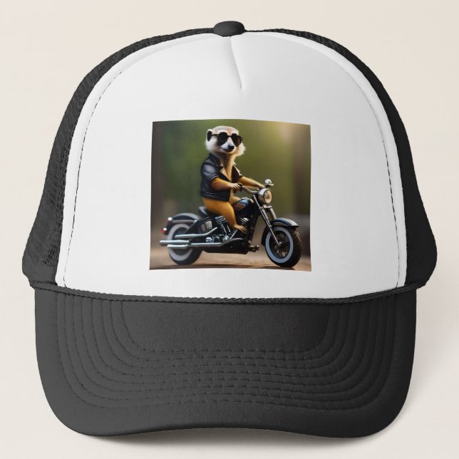 Rebel Meerkat: Leathers, Sunglasses and Motorbike Trucker Hat (Front)