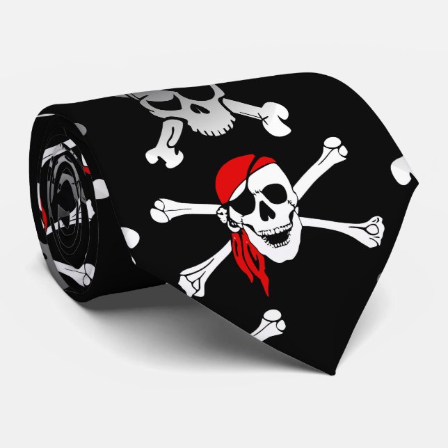 Rebel Pirate White Skulls and Bones Pattern Servin Tie (Rolled)