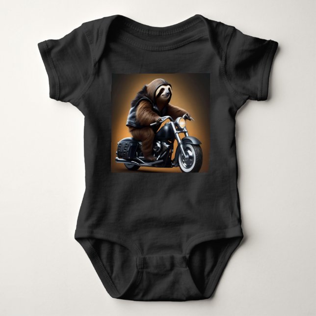 Rebel Sloth: A Leather-Clad Sloth Riding Motorbike Baby Bodysuit (Front)