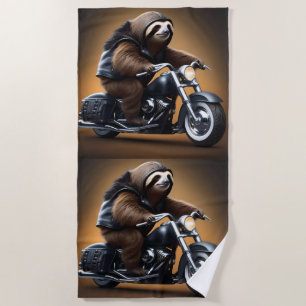 Rebel Sloth: A Leather-Clad Sloth Riding Motorbike Beach Towel