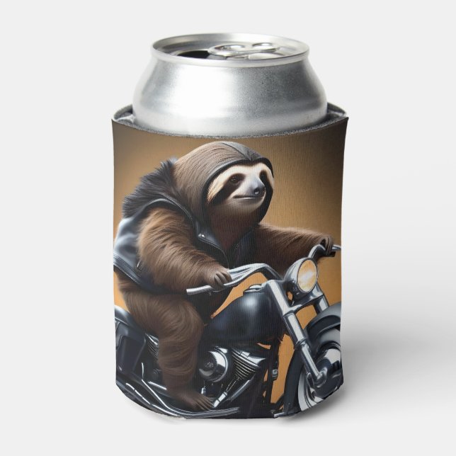 Rebel Sloth: A Leather-Clad Sloth Riding Motorbike Can Cooler (Can Front)