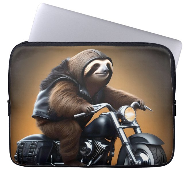 Rebel Sloth: A Leather-Clad Sloth Riding Motorbike Laptop Sleeve (Front)