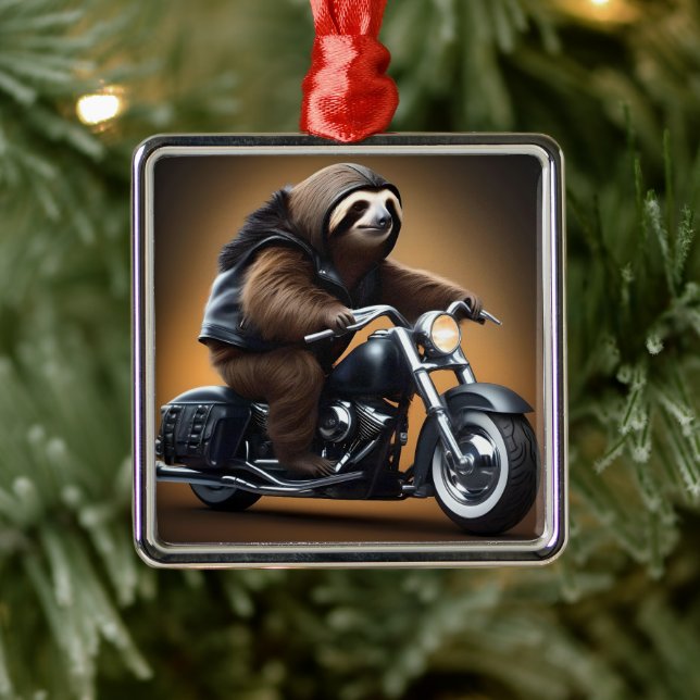 Rebel Sloth: A Leather-Clad Sloth Riding Motorbike Metal Ornament (Tree)
