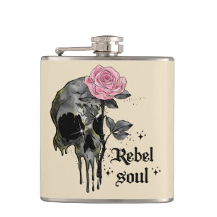 Rebel Soul - Gothic Skull with Pink Rose Hip Flask