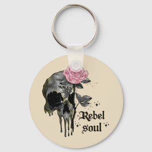 Rebel Soul - Gothic Skull with Pink Rose Key Ring